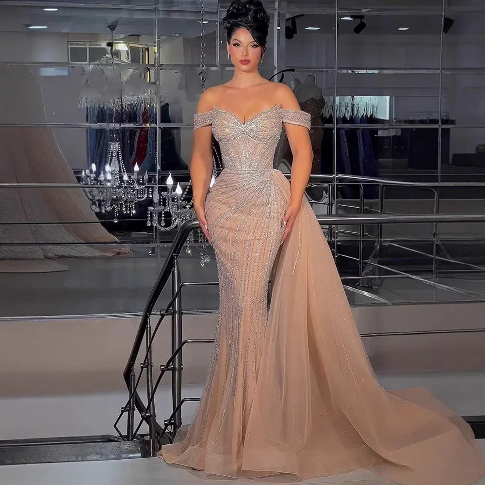 Luxury Nude Off Shoulder Beaded Mermaid Gown with Overskirt LA73139
