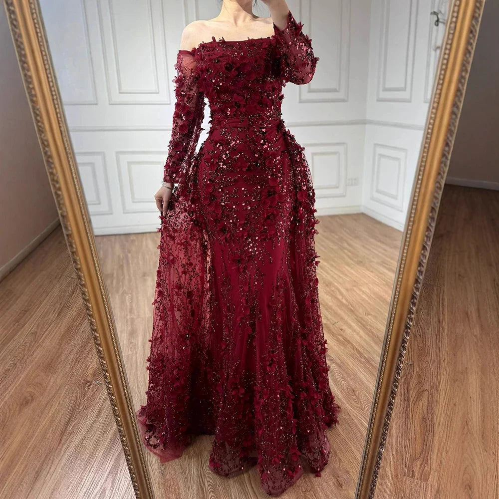 Pink Beaded Mermaid Off Shoulder Evening Gown With Overskirt CLA72641