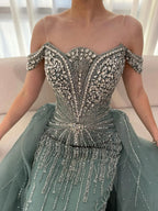 Turquoise Luxury Beaded Off Shoulder Elegant Mermaid With Overskirt Evening Dresses Wedding Afterparty Occasion Gowns