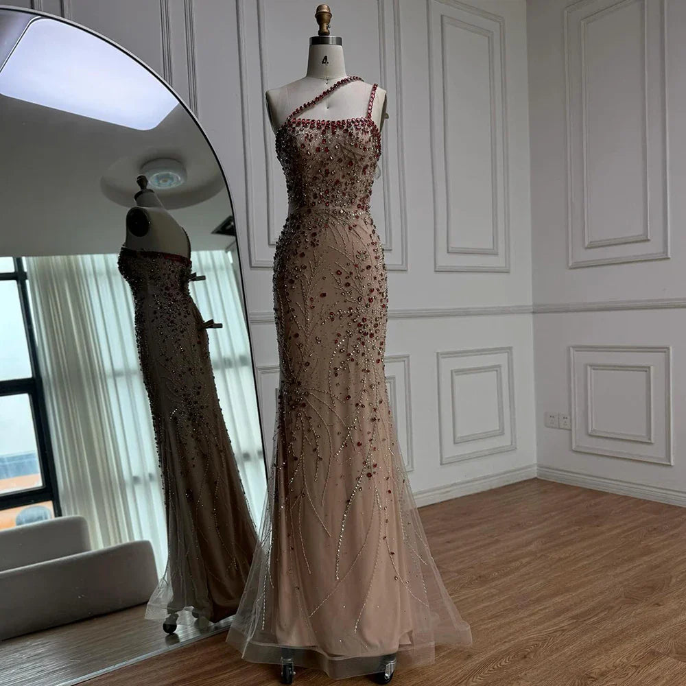 Luxury Red Saudi Arabic Crystal Beaded One Shoulder Evening Dress CLA73135