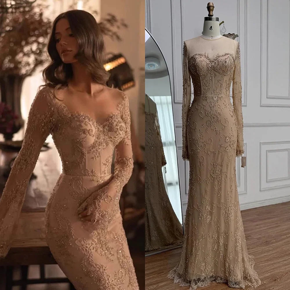 Arabic Lace Simple Style Long Sleeves Modest Mermaid Evening Dress CLA72545