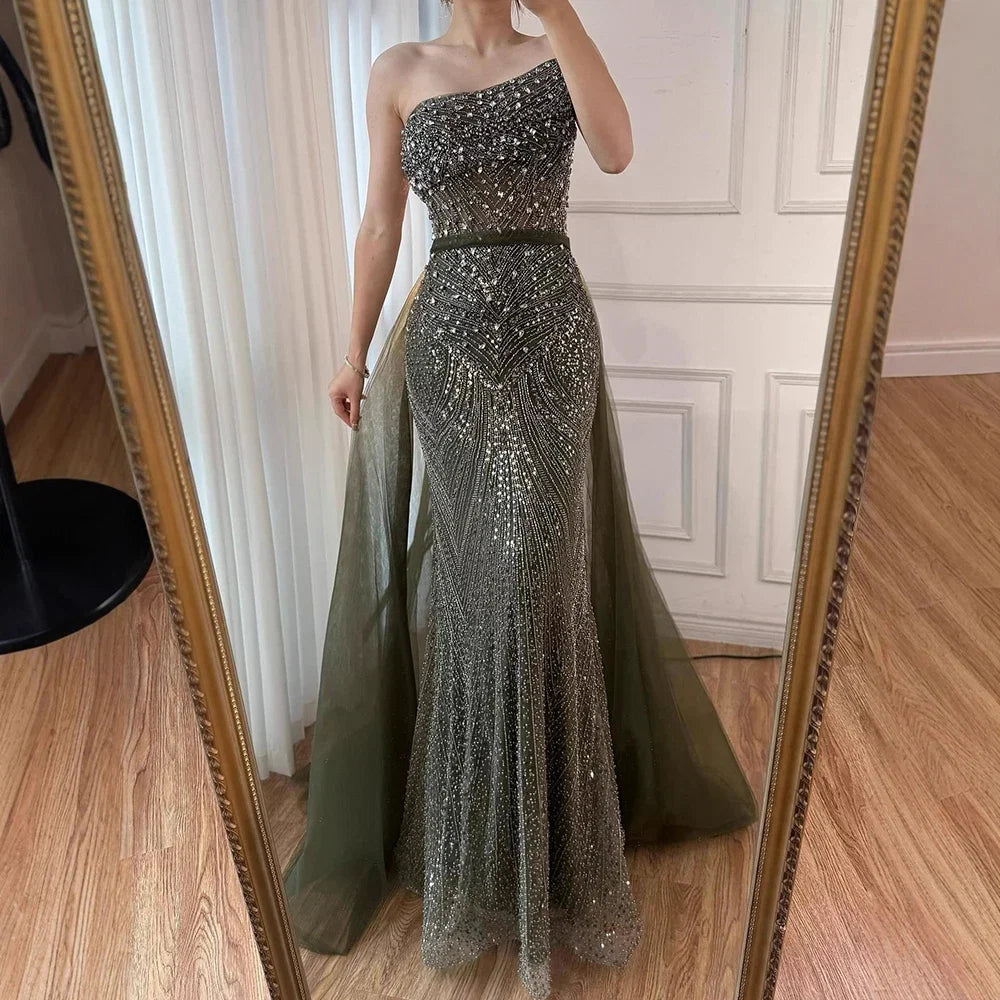 Luxury Olive Green Beaded Mermaid Evening Dress With Overskirt CLA73164A