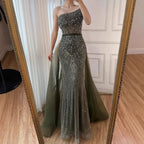 Luxury Olive Green Beaded Mermaid Evening Dress With Overskirt CLA73164A
