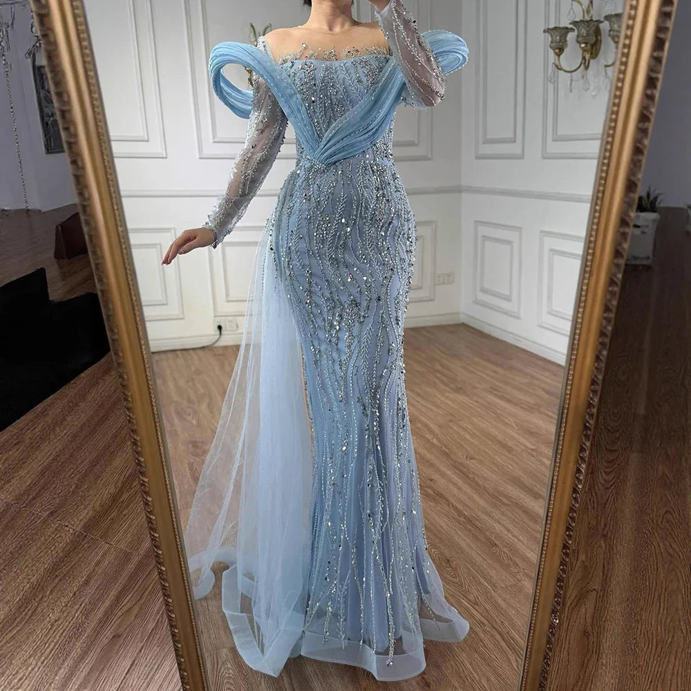 Arabic Luxury Elegant Sage Green Beaded Long Sleeves Evening Dress CLA72928