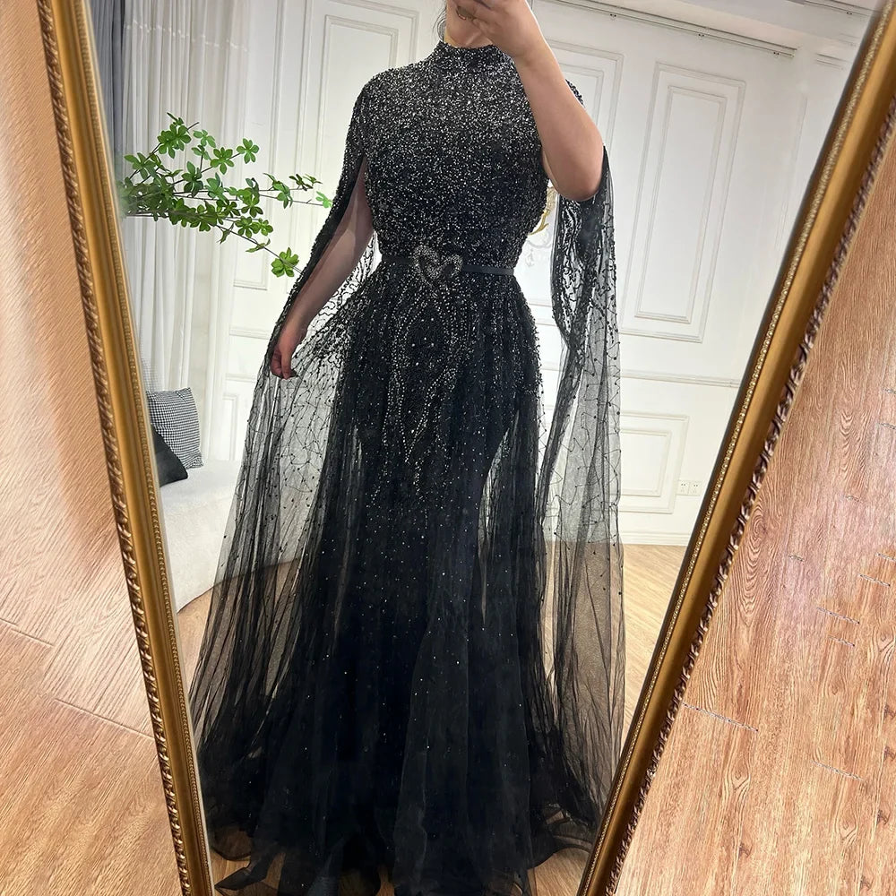Arabic Luxury Full Beaded Modest High Neck Cape Sleeves A-Line Evening Dress CLA70066B