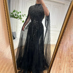 Arabic Luxury Full Beaded Modest High Neck Cape Sleeves A-Line Evening Dress CLA70066B