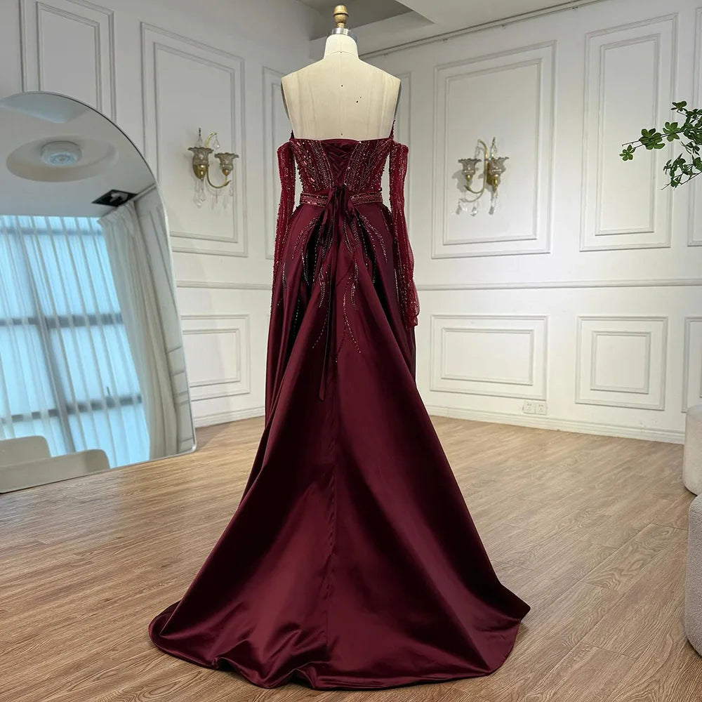 Luxury Burgundy Beaded Overskirt Evening Dress Gown With Gloves CLA72935