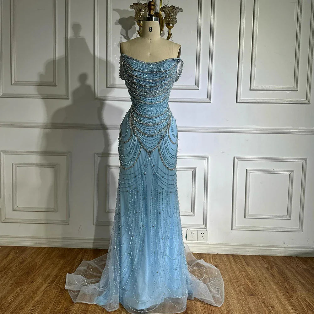 Kosovo Luxury Pearls Beaded Mermaid Off Shoulder Elegant Evening Dress CLA72253