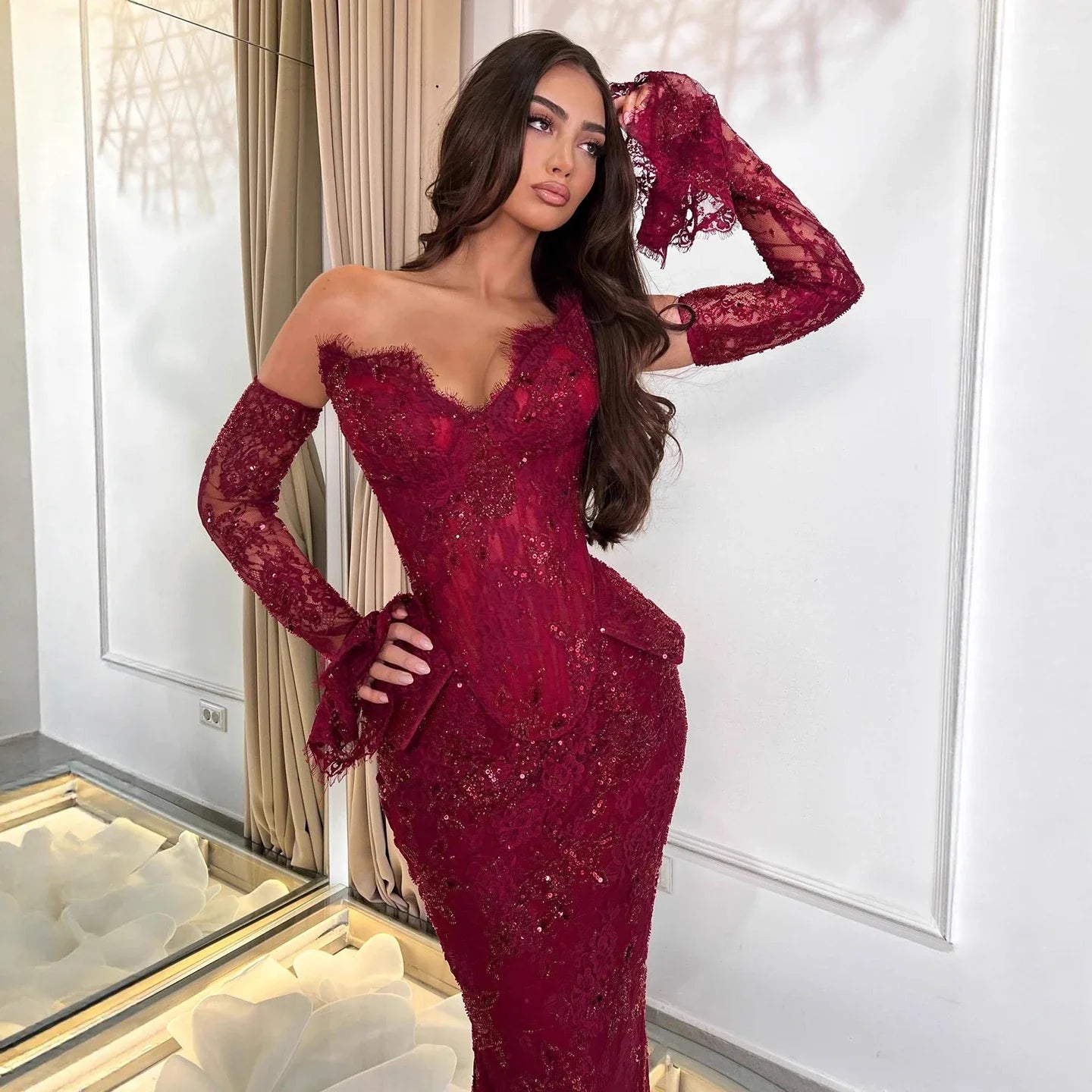 Luxury Burgundy Lace Beaded Mermaid Evening Dress CLA73341