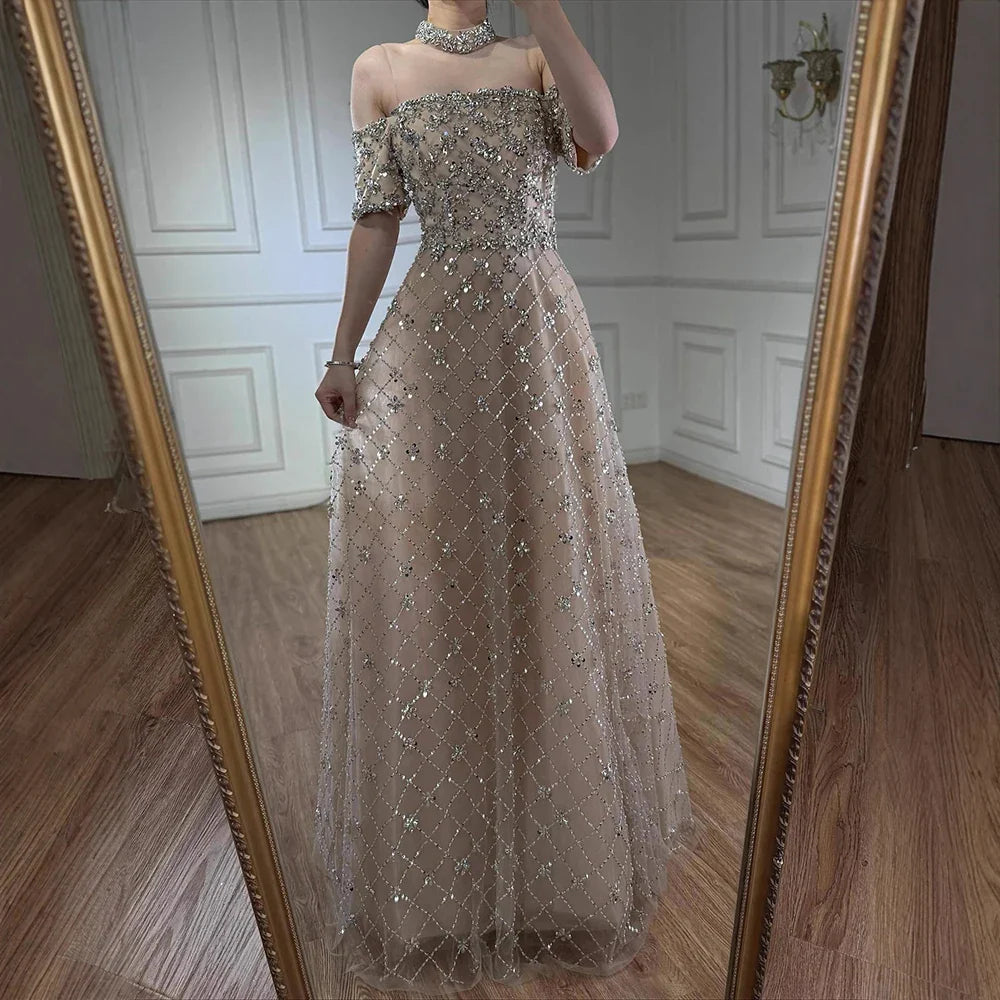 Luxury Nude Sliver Off Shoulder Beaded Crystal A-Line Evening Dress CLA73122