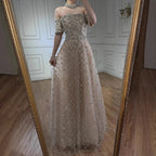 Luxury Nude Sliver Off Shoulder Beaded Crystal A-Line Evening Dress CLA73122