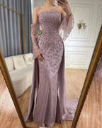 Dubai Luxury Blue Beaded Pearls Evening Gown with Overskirt CLA72705