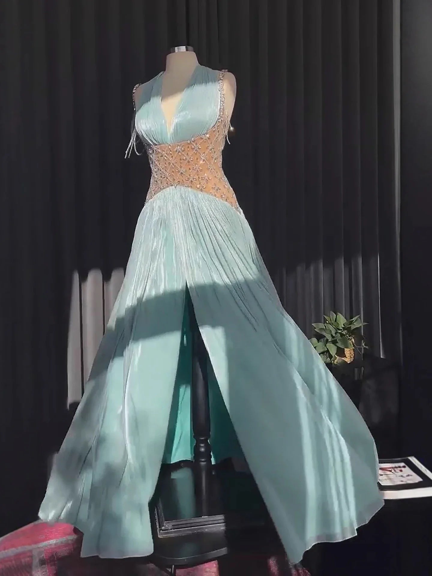 Turquoise Beaded A-Line Simple Style Evening Dress CLA73421