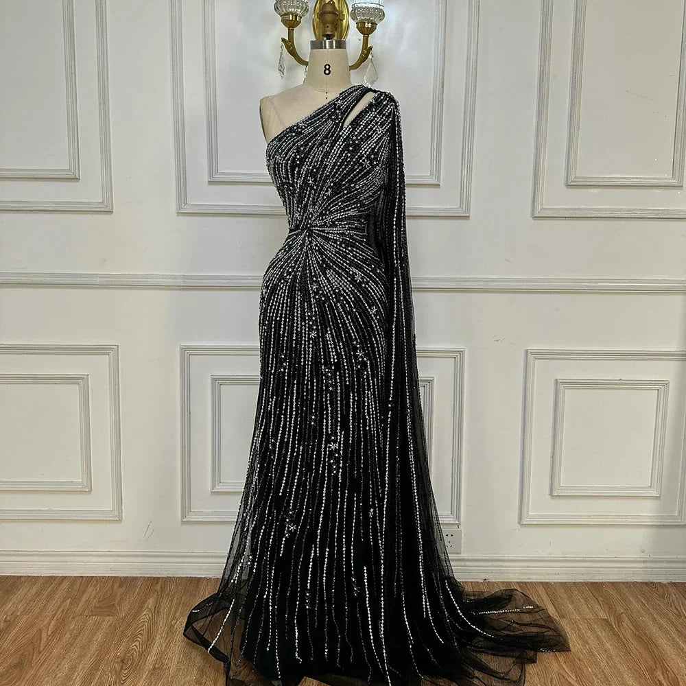 Luxury Black One Shoulder Mermaid Evening Dress with High Slit CLA72829