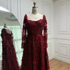 Arabic Simple Style Floral Square Neck Long Sleeves A-Line Evening Dress Women Wedding Party Gown CLA72657