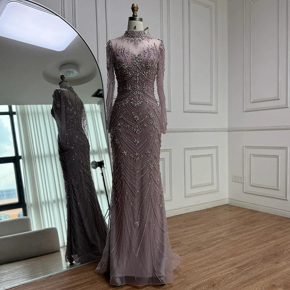 Luxury Nude Beaded Long Sleeves Modest Muslim Mermaid Evening Dress CLA73158