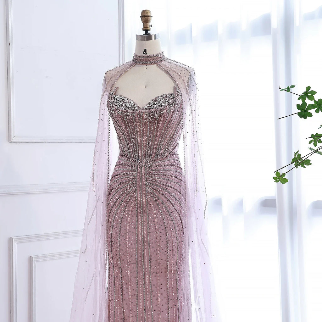 Luxury Dubai Caramel Beaded Evening Dress With Cape CLA72811C