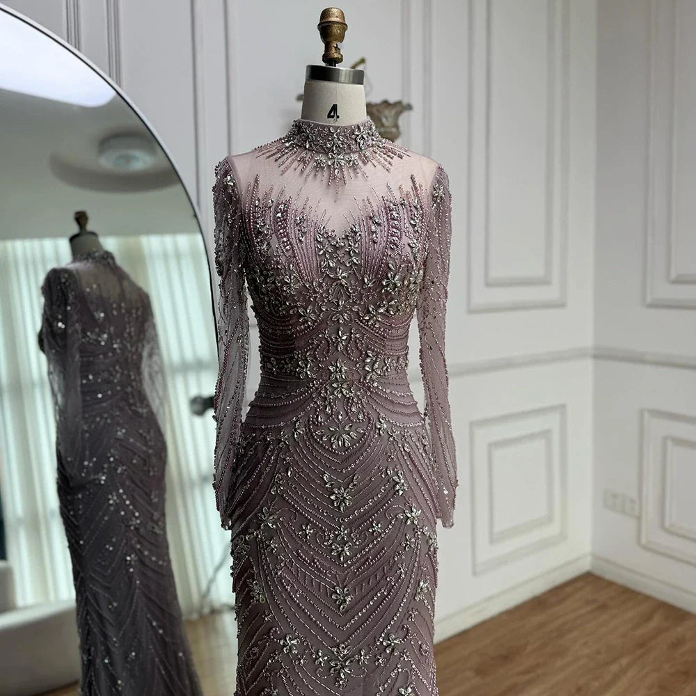 Luxury Nude Beaded Long Sleeves Modest Muslim Mermaid Evening Dress CLA73158