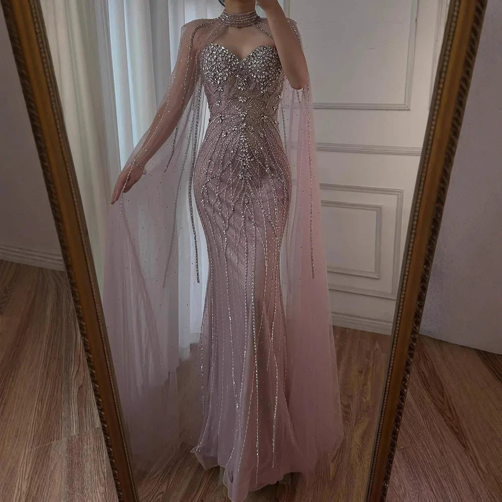 Luxury Turquoise Beaded Cape Sleeve Saudi Arabic Evening Dress LA73136A