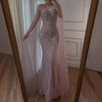 Luxury Turquoise Beaded Cape Sleeve Saudi Arabic Evening Dress LA73136A