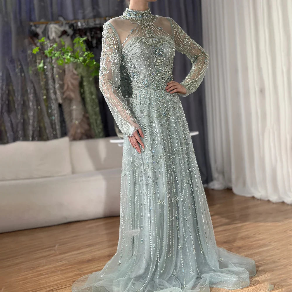 Luxury Dubai Designer Modest A-Line Blue Lace Beaded Evening Dresses CLA72704