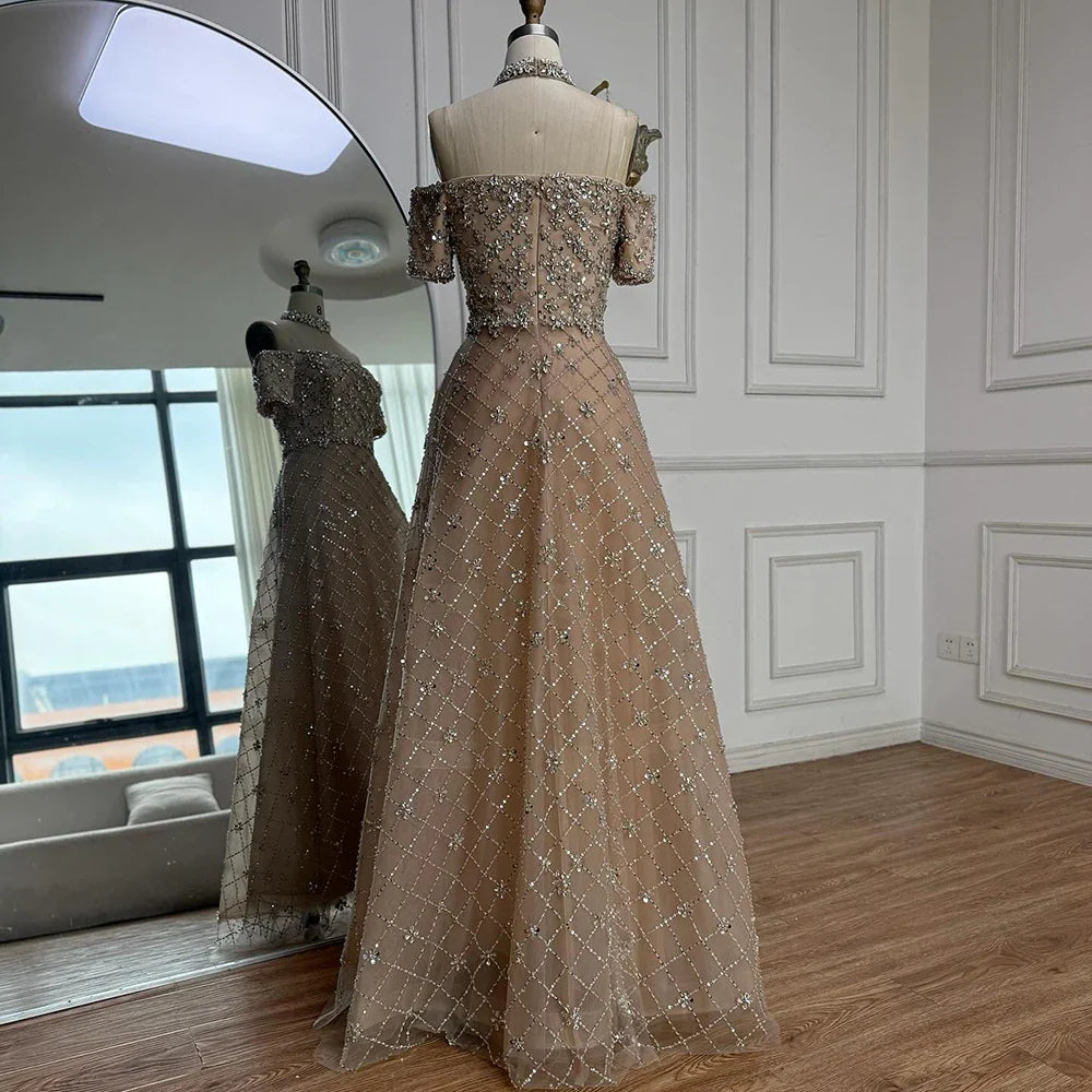Luxury Nude Sliver Off Shoulder Beaded Crystal A-Line Evening Dress CLA73122