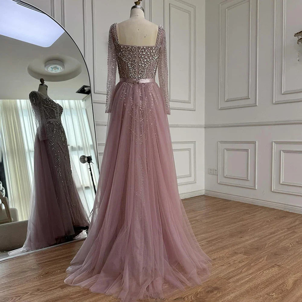 Luxury Nude Beaded Mermaid Evening Dress With Overskirt CLA73190