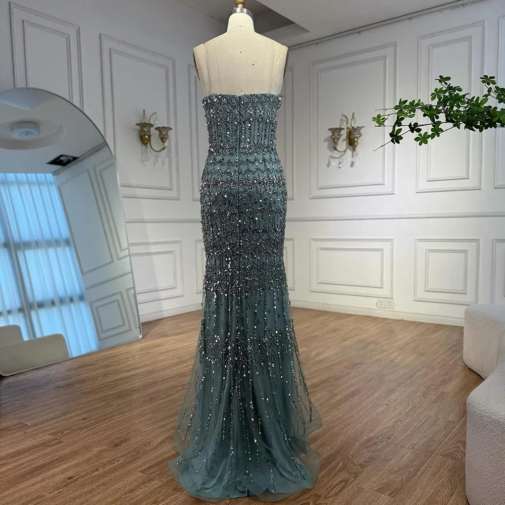 Arabic Luxury Beaded Strapless Mermaid Evening Dress With Cape Women Wedding Party Gown CLA72714B
