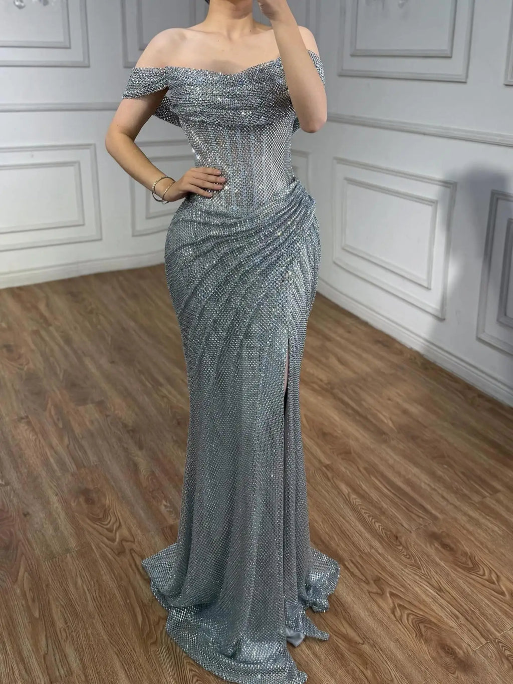 Kosovo Luxury Silver Diamonds Off Shoulder With Slit Mermaid Evening Dress CLA73410