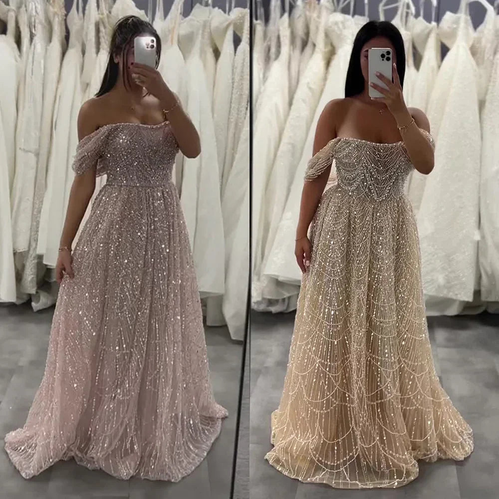 Luxury Nude A-Line Pearls Off Shoulder Evening Dress CLA72738A