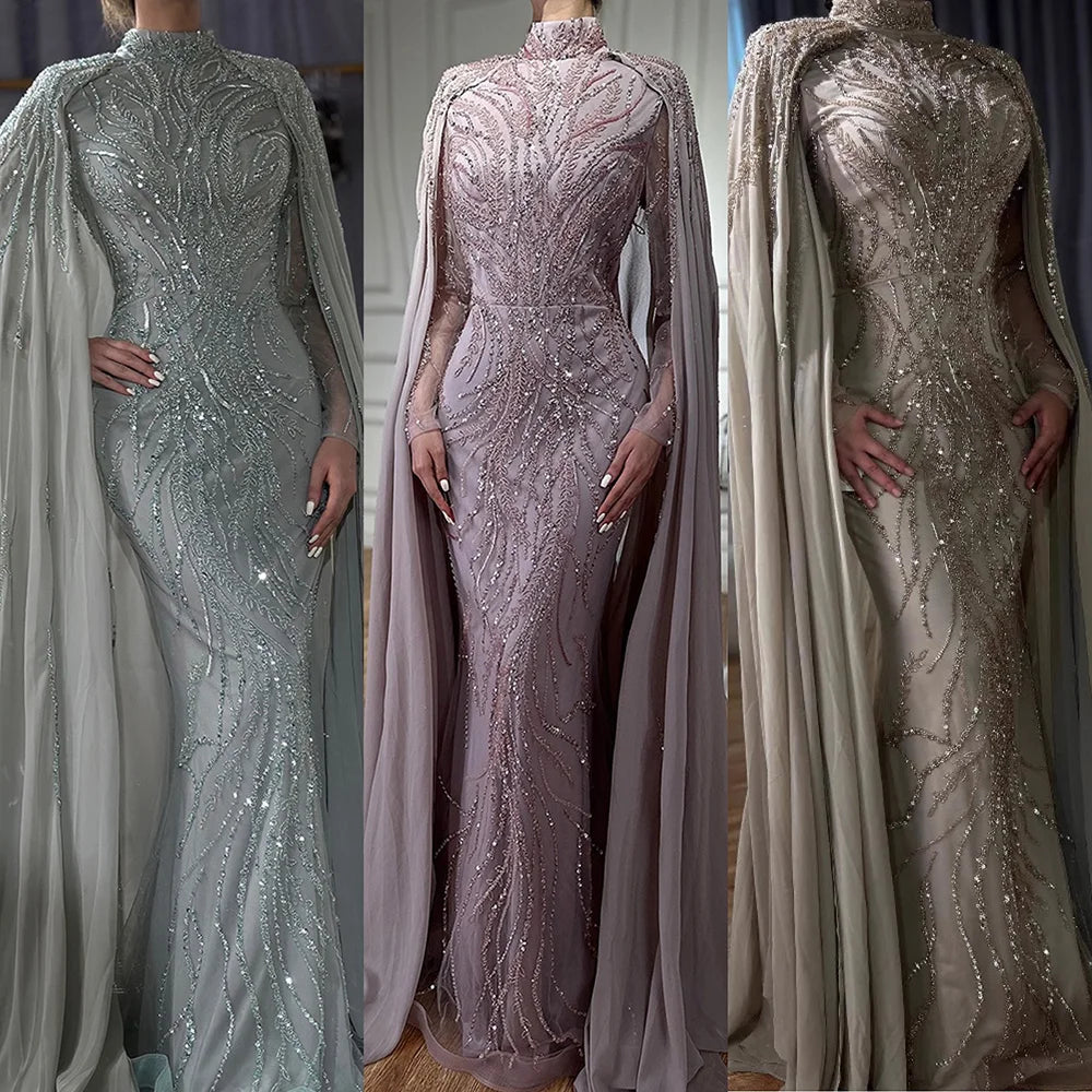 Modest Muslim Pink Evening Dress With Cape Long Sleeves CLA72413A