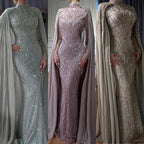 Modest Muslim Pink Evening Dress With Cape Long Sleeves CLA72413A