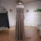 Luxury Caramel Off Shoulder Beaded Mermaid Evening Dress Long Sleeves CLA73053