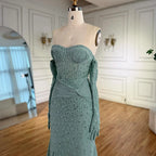 Luxury Turquoise Beaded Evening Dress With Gloves CLA72933
