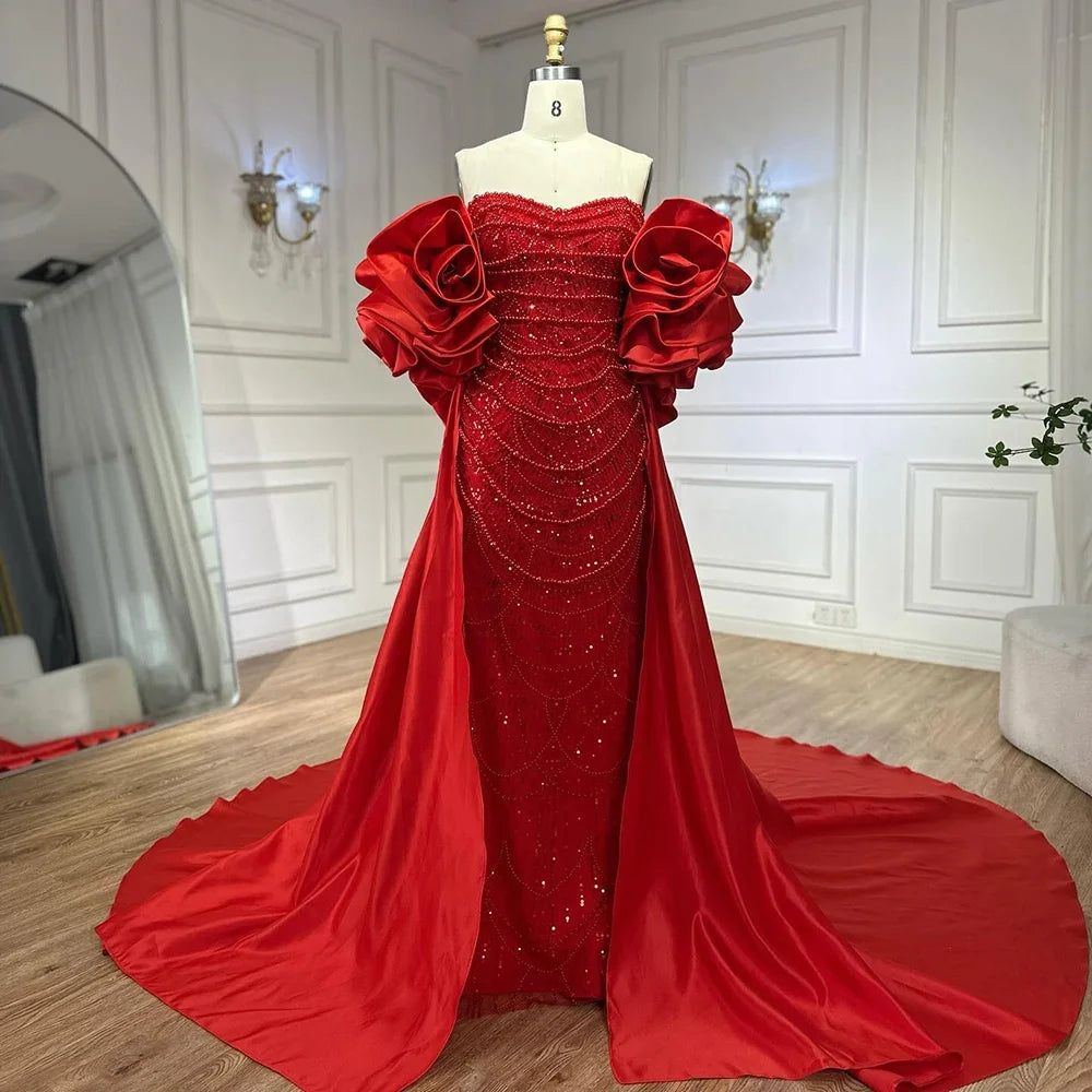 Arabic Luxury Pearls Strapless Mermaid With Cape Evening Dress CLA72585A