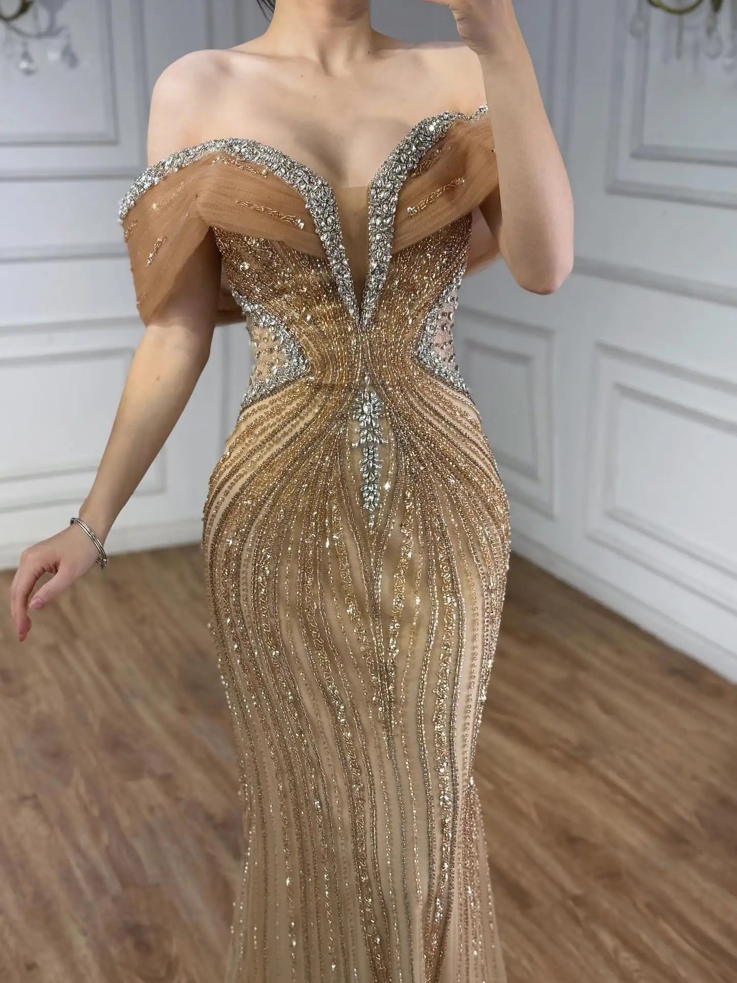 Arabic Luxury Beaded Off Shoulder Mermaid Evening Dress CLA73142A