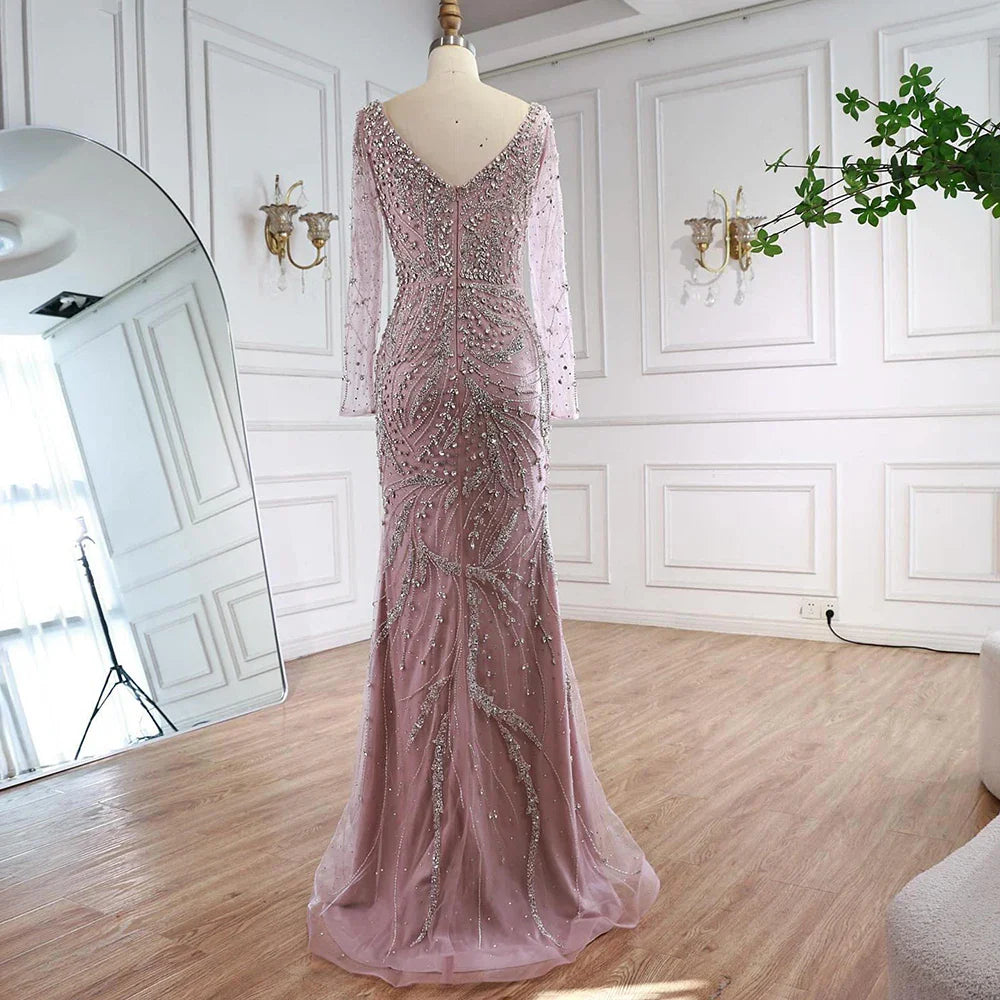 Luxury Muslim Nude Arabic Mermaid Beaded Evening Dress CLA73191