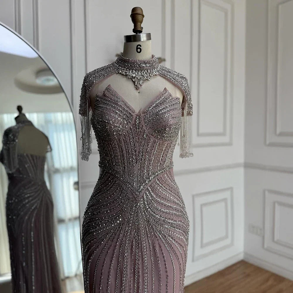 Arabic Luxury Beaded Mermaid Evening Dress With Detachable Tassels Cape CLA72891A