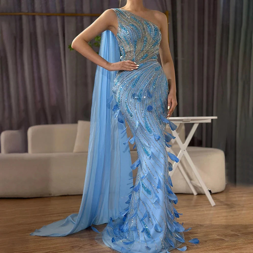 Green One-Shoulder Beaded Feathers Evening Gown with Side Cape Shawl LA72698