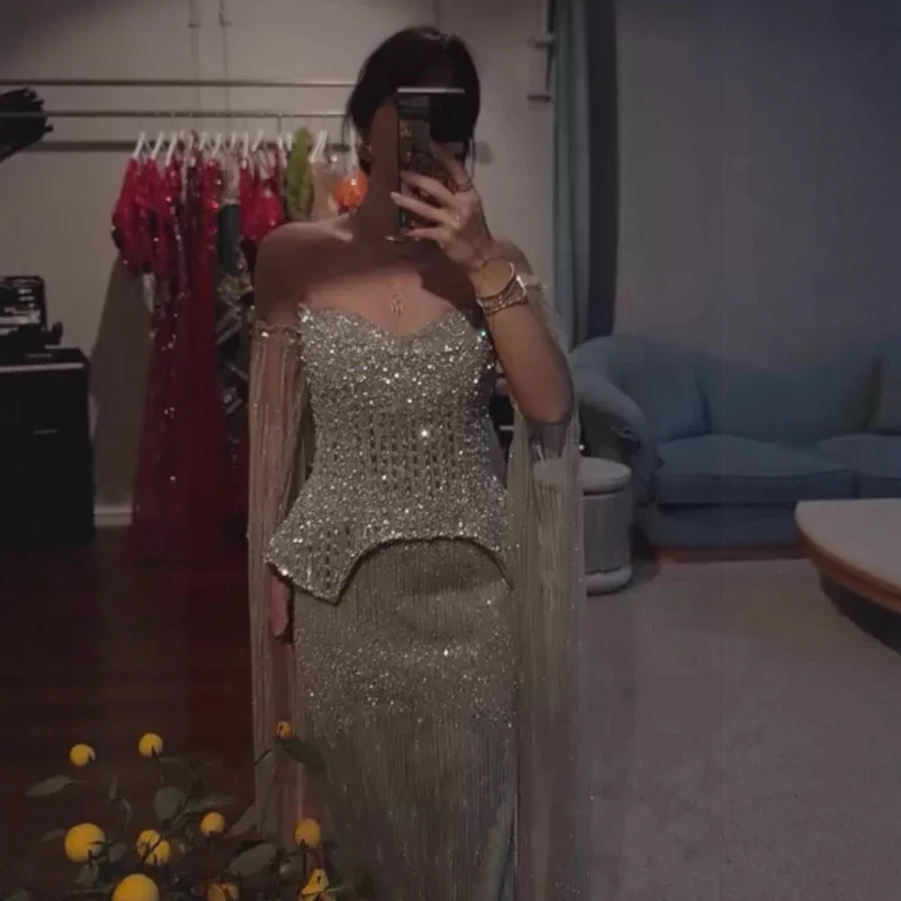 Luxury Rose Gold Beaded Off-Shoulder Evening Dress With Cape Sleeves CLA73076