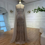 Arabic Luxury Beaded Mermaid Evening Dress Modest High Neck Cape Sleeves CLA72714A