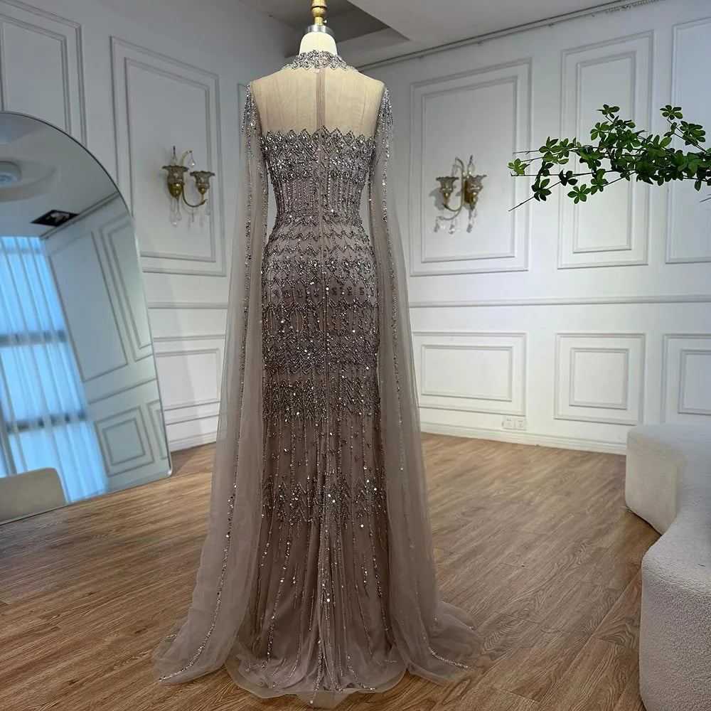 Arabic Luxury Beaded Mermaid Evening Dress Modest High Neck Cape Sleeves CLA72714A