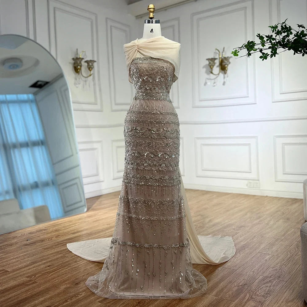 Arabic Sage Green Simple Beaded Mermaid Evening Dress With Chiffon Cape CLA72126B