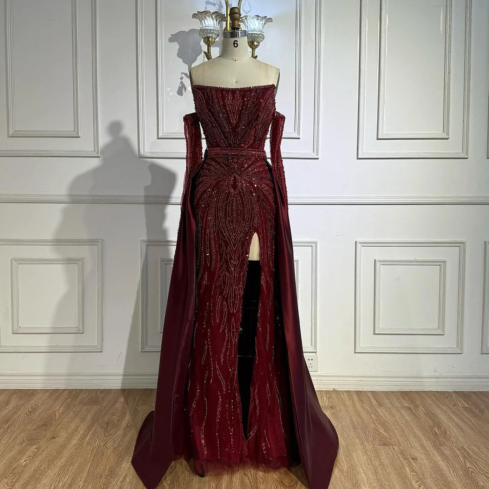 Luxury Burgundy Beaded Overskirt Evening Dress Gown With Gloves CLA72935