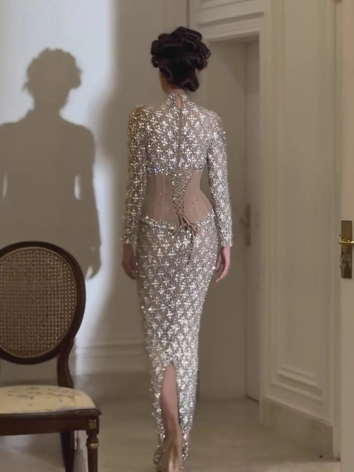 Luxury Silver Nude Beaded Corset Mermaid Evening Dress CLA73335