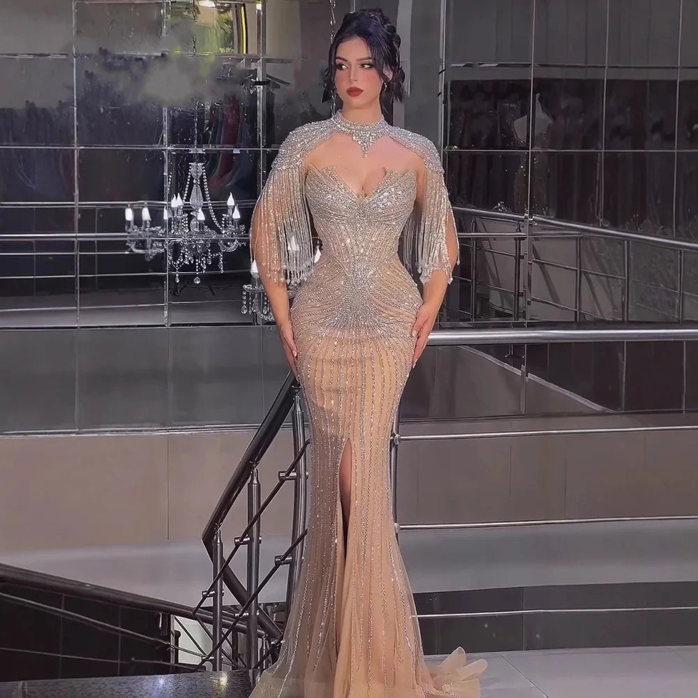 Arabic Luxury Beaded Mermaid Evening Dress With Detachable Tassels Cape CLA72891A