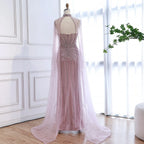 Luxury Dubai Caramel Beaded Evening Dress With Cape CLA72811C
