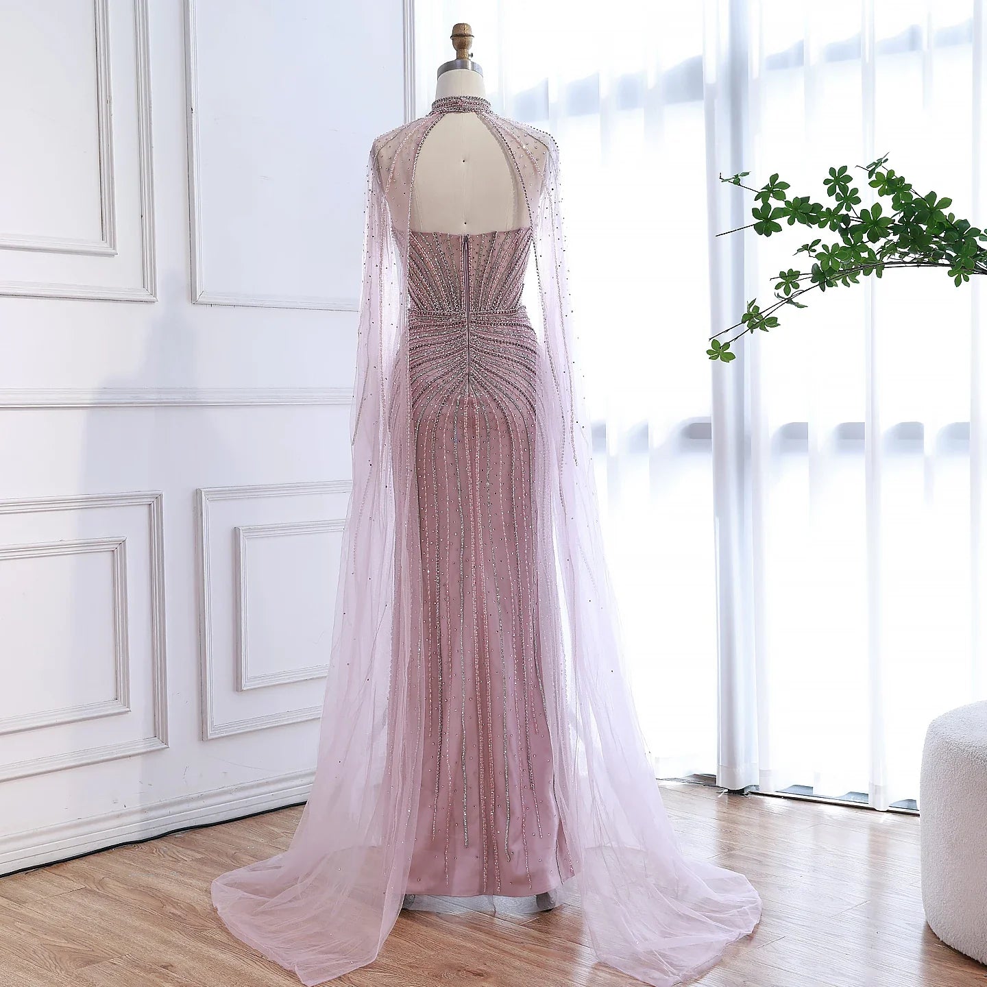 Luxury Dubai Caramel Beaded Evening Dress With Cape CLA72811C