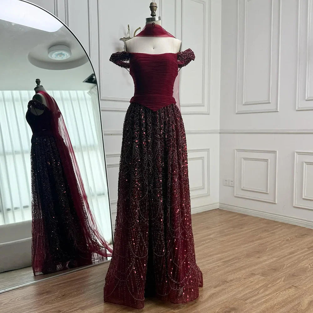 Simple Arabic Pink Pearls Beaded Evening Dress With Shawl CLA72922