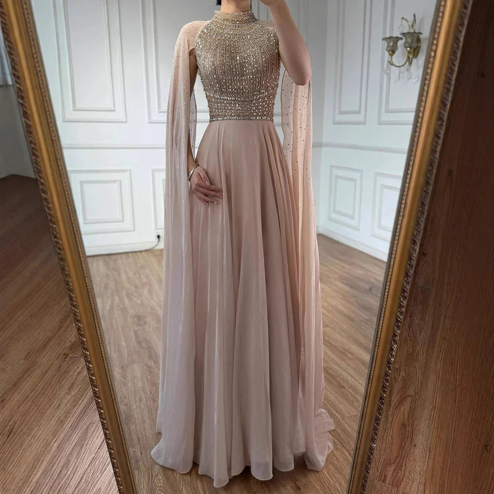 Luxury Nude Chiffon Beaded Evening Dress with Cape LA73144